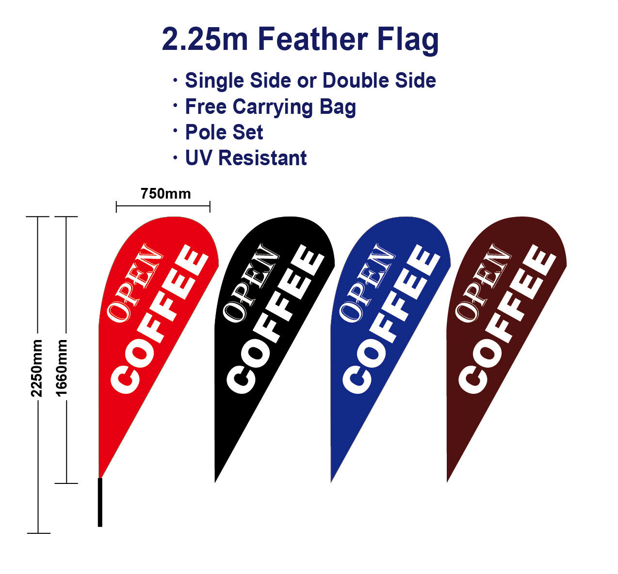 Outdoor 2.25m Open Coffee Flag Teardrop Flags with Base Spike Black banner Red
