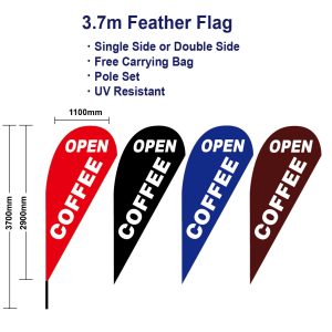 Outdoor 3.7m Open Coffee Flag Teardrop Flags with Base Spike Deluxe Black banner