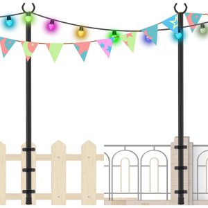 2pcs Outdoor String Light Pole 254cm Height Adjustable Metal Stand Poles with Hooks for Fence Garden
