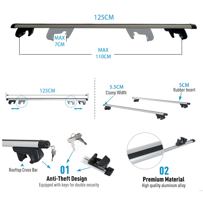 2pcs Universal Top Roof Rack Cross Bar Luggage Carrier Aluminium 135cm 53" Adjustable Clamps