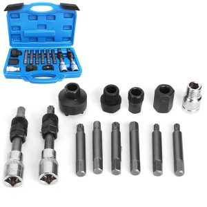 13pcs Alternator Pulley Remover Alternator Freewheel Pulley Removal Socket Bit Set Garage Service Tool