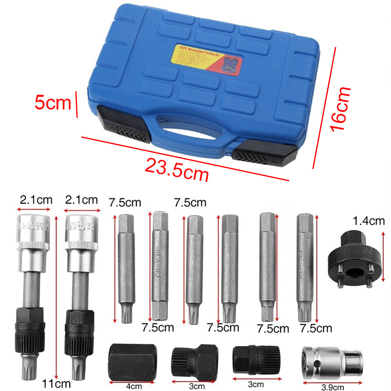 13pcs Alternator Pulley Remover Alternator Freewheel Pulley Removal Socket Bit Set Garage Service Tool