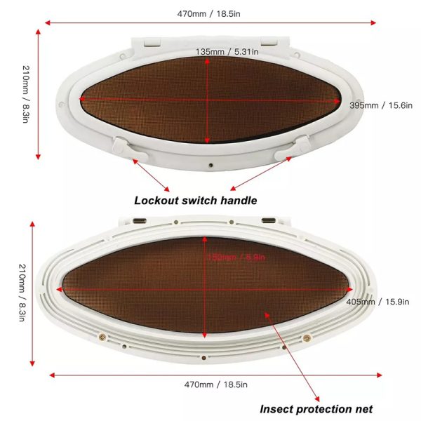 470x210mm Boat Portlight Internal Opening UV Resistant Oval Shape RV Marine Portlight