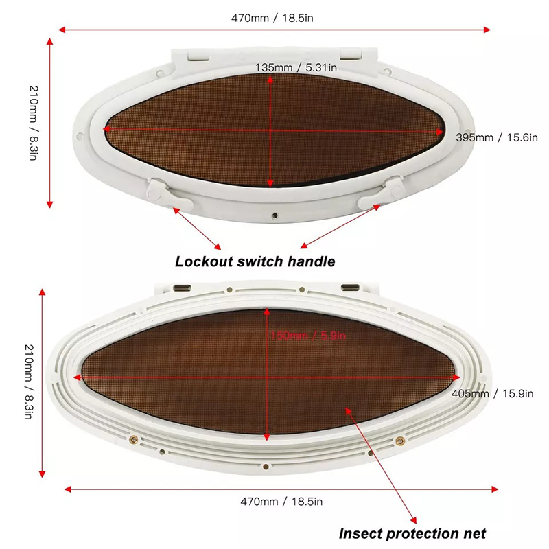 470x210mm Boat Portlight Internal Opening UV Resistant Oval Shape RV Marine Portlight