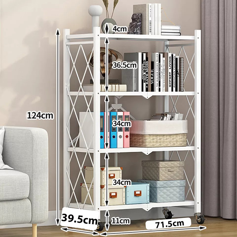 4-5 Tier Foldable Storage Shelf Display Rack Organizer Carbon Steel Bookshelf Wheel Cart