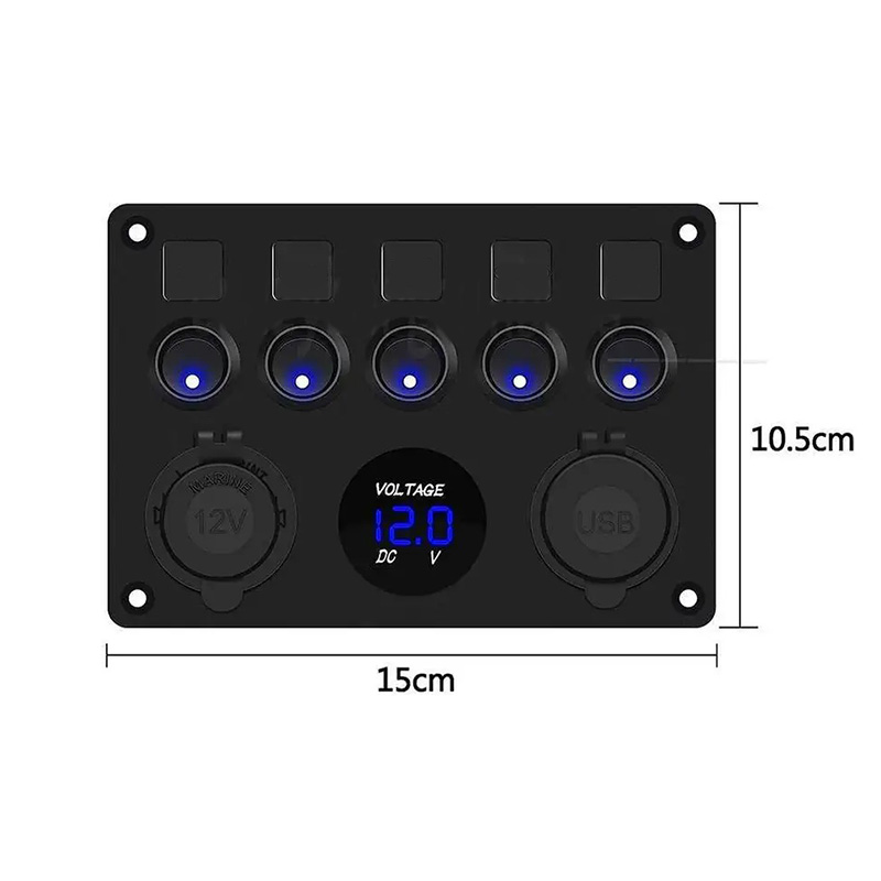 5 Gang Switch Panel 12V Car Boat ON OFF Toggle Dual USB Socket Charger Voltmeter