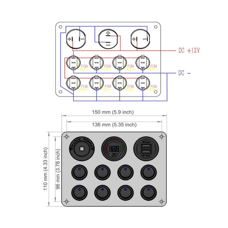 8 Gang Switch Panel 12V LED Rocker USB ON-OFF Toggle For Boat Marine Caravan