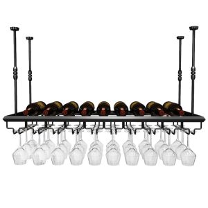 Ceiling Wine Rack Iron Wine Stemware Goblets Shelf Wine Bottle Holder Hanging Wine Glass Stand for Bars Restaurant