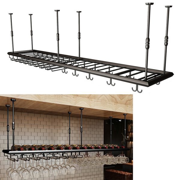 Ceiling Wine Rack Iron Wine Stemware Goblets Shelf Wine Bottle Holder Hanging Wine Glass Stand for Bars Restaurant