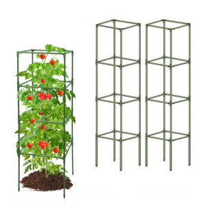 Square Tomato Cage Racks Climbing Support Rack Plant Plastic Coated Metal Pipe Bracket 2 Set