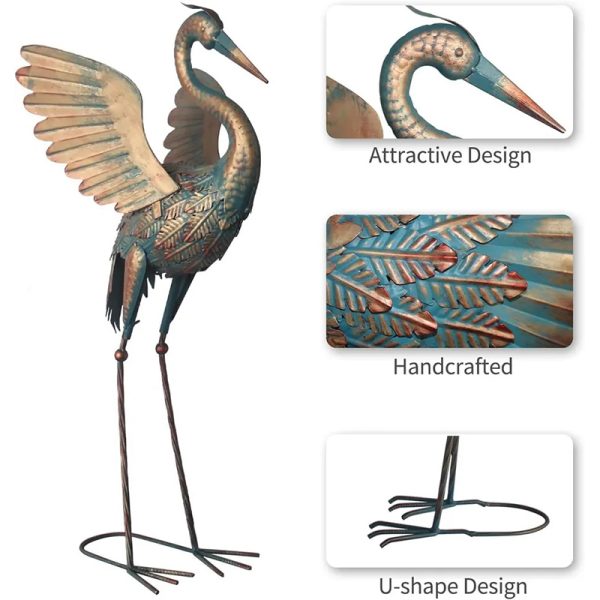 2pcs Metal Garden Crane Statue Display Décor Ornament Sculpture Statue for Yard Pond Lawn Backyard Pool