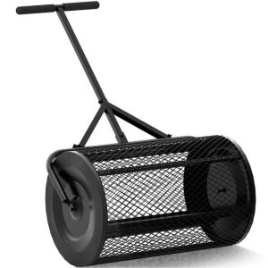 Compost Spreader Peat Moss Roller Spreaders for Lawns Fertilizer Metal Mesh Basket Seed Spreader