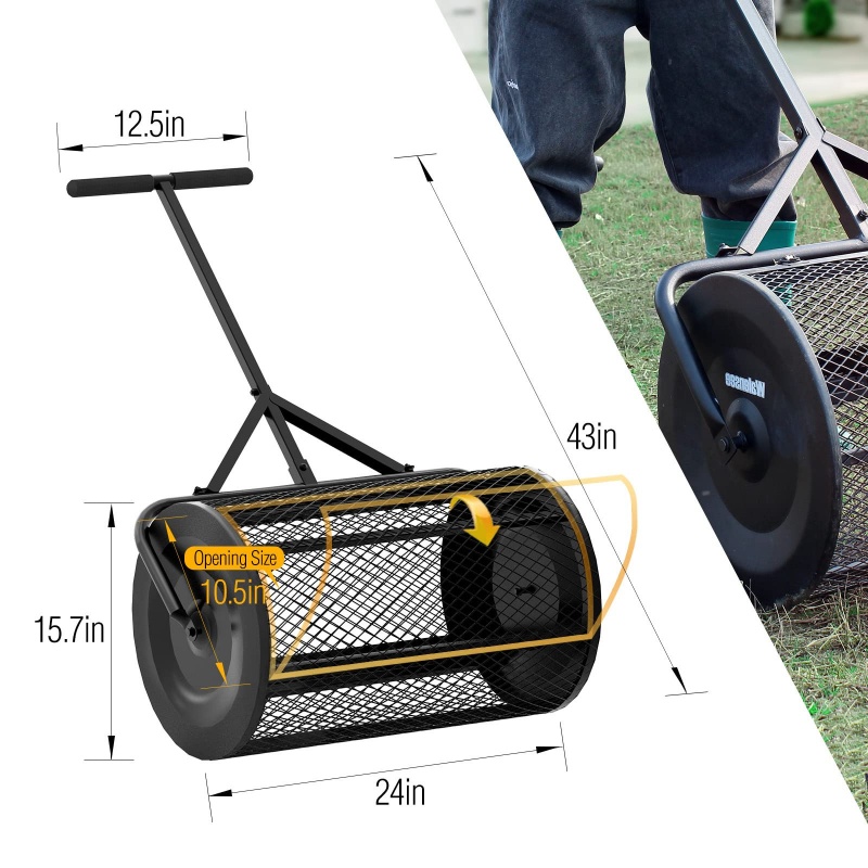 Compost Spreader Peat Moss Roller Spreaders for Lawns Fertilizer Metal Mesh Basket Seed Spreader