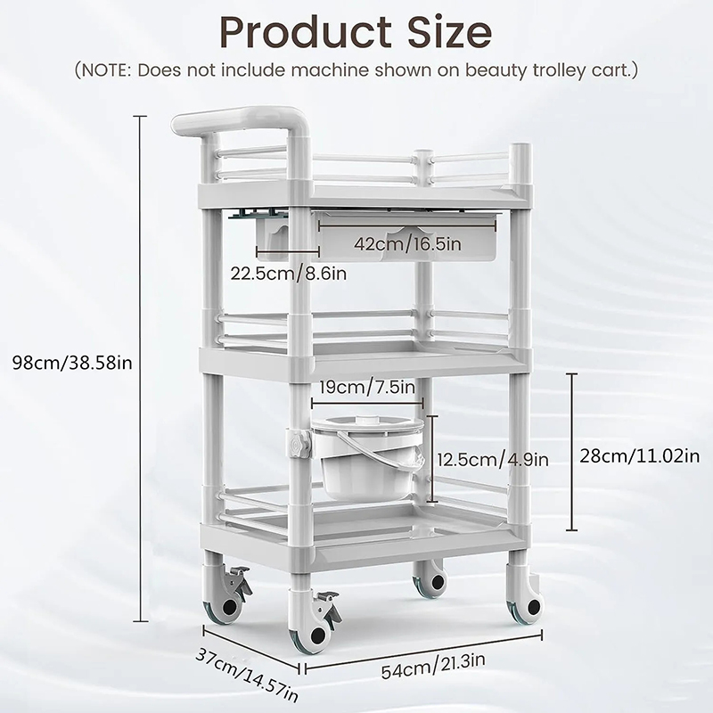 Large Beauty Trolley Cart 3 Shelves Salon Spa Storage Trolley Shelves Drawers with Rolling Wheels White Plastic