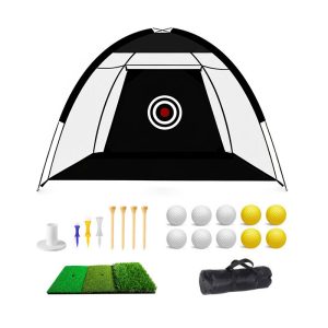 Foldable Golf Net for Backyard Driving Hitting Net with Tri-Turf Mat Indoor Training Chipping Aid Nets with Reduce Noise Nylon Target for Golfers
