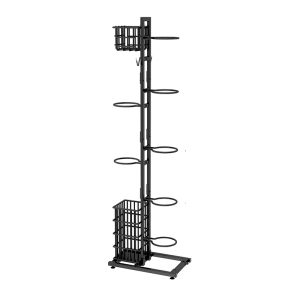 Ball Storage Rack Sports Equipment Organiser with Basket & Hooks Free Standing Basketball Rack for Garage Home