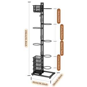 Ball Storage Rack Sports Equipment Organiser with Basket & Hooks Free Standing Basketball Rack for Garage Home