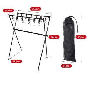 Camping Hanging Rack Camping Storage Rack Foldable Rack Aluminium Alloy Three-Crossbar Rack with Hooks for Outdoor