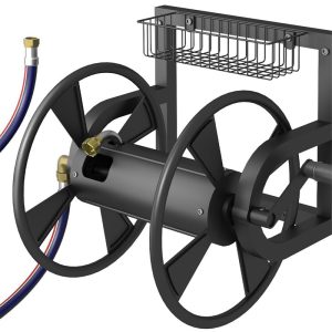 Wall Mount Hose Reel with Brass Fitting and Storage Basket Heavy-Duty for Garden Yard Lawn Garage