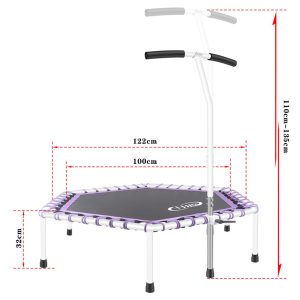 48 Inch Fitness Trampoline with Adjustable Handle Bar Silent Trampoline Bungee 150kg Load Hexagon Trampoline