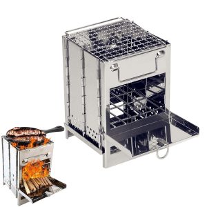 Collapsible Camping Wood Burning Stove with Grill Stainless Steel Campfire Stove for Outdoor Cooking Picnic Hiking BBQ